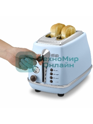 Тостер DeLonghi CTOV 2103.AZ, 900 Вт, на 2 тоста, разморозка, обжаривание, решетка для подогрева, поддон, голубой