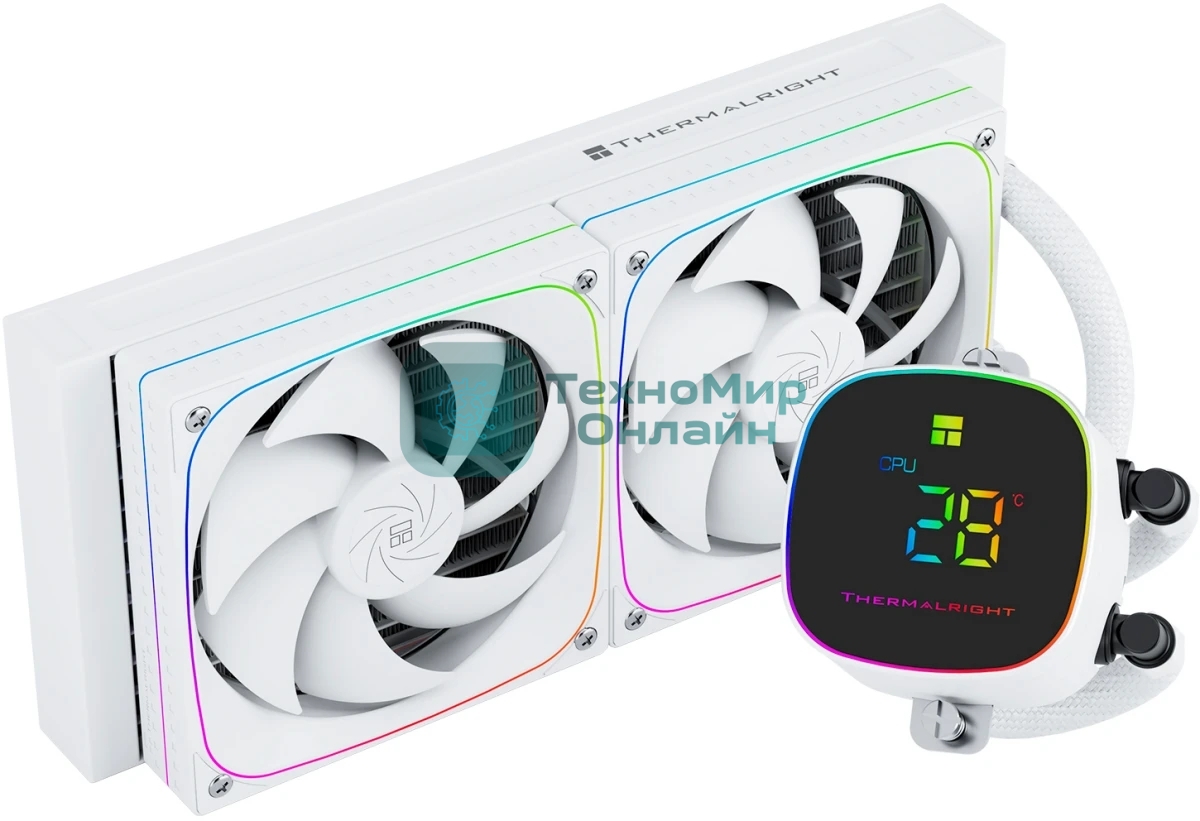 Система жидкостного охлаждения Thermalright Frozen Horizon 240 Digital (240мм, LED temp., White, ARGB/Fans: 2x120мм, 68.9CFM, 28.2dBA, 2000RPM/Pump height 53.2мм, Rad thickness 27мм/S: 1700, 1200, 1851, 115X, AM5, AM4)