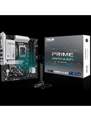 Материнская плата ASUS PRIME B860M-A WIFI, LGA 1851, Intel B860, 4xDDR5, 4xSATA, 2xM.2, 1xPCIe 5.0 x16, 1xPCIe 4.0 x16, 1xPCIe 4.0 x1, 2xDP, 1xHDMI, 1x 2.5Gb LAN, 1xUSB-C 20Gbps, 1xUSB-A 10Gbps, 2xUSB-A 5Gbps, 4xUSB-A 2.0, 3x3.5 мм, 7.1, micro-ATX.