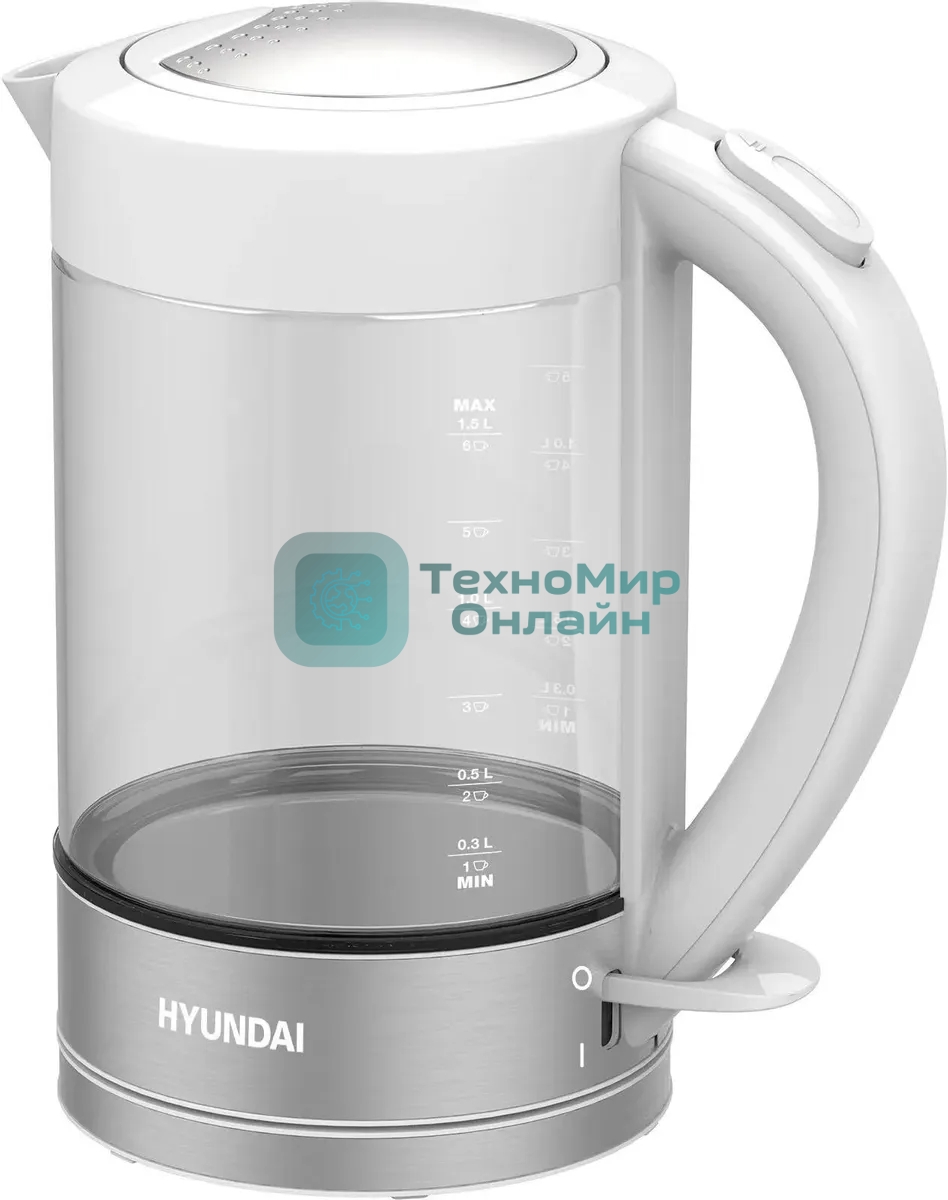 Чайник электрический Hyundai HYK-G9990 1.6 л, 2000 Вт, белый/серебристый корпус: стекло