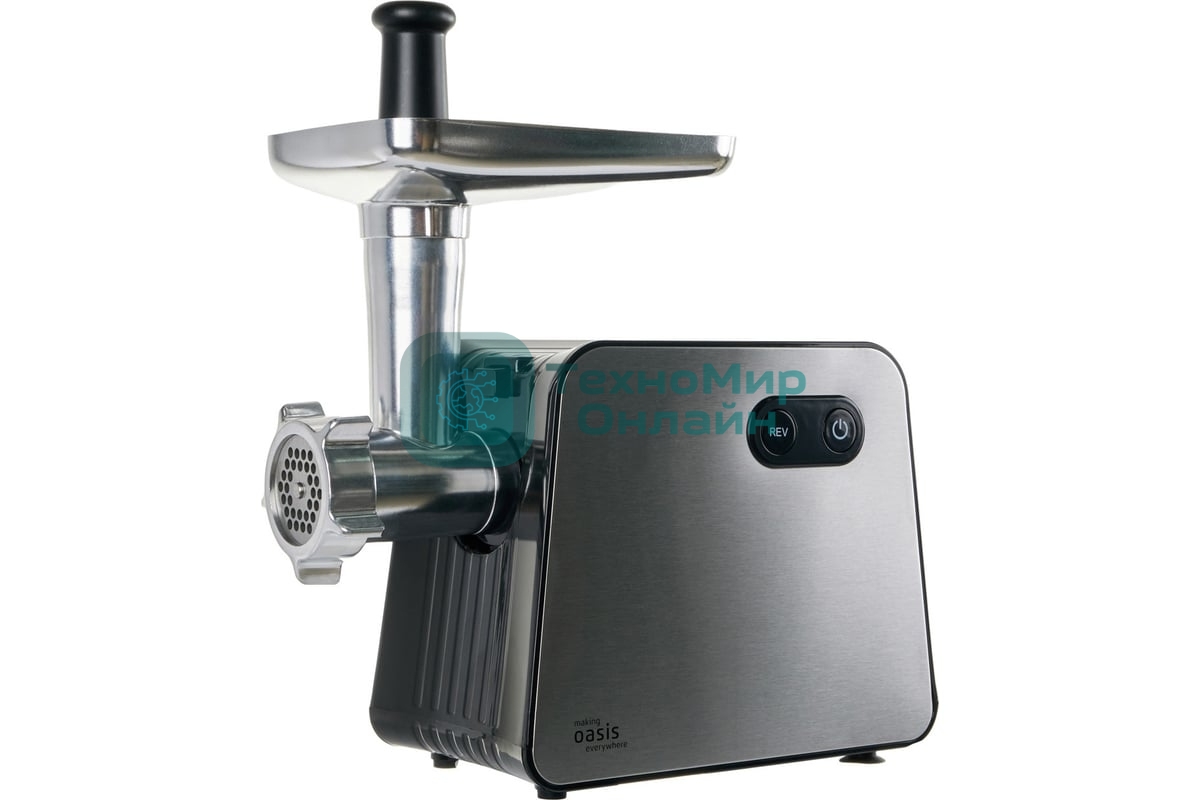 Мясорубка электрическая OASIS MG-TK2 серый, 2000 Вт, 2.5 кг/мин, реверс, защита от перегрузки, металлический лоток, насадки - 5