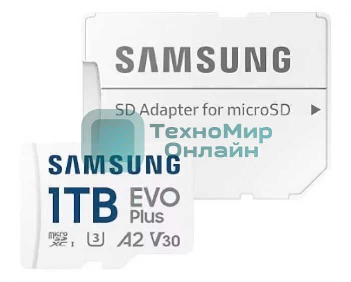 Флеш карта Samsung EVO Plus, microSDXC 1Tb, Class 10, A2, V30, UHS-I (U3), W 90 МБ/с, R 160 МБ/с, адаптер на SD