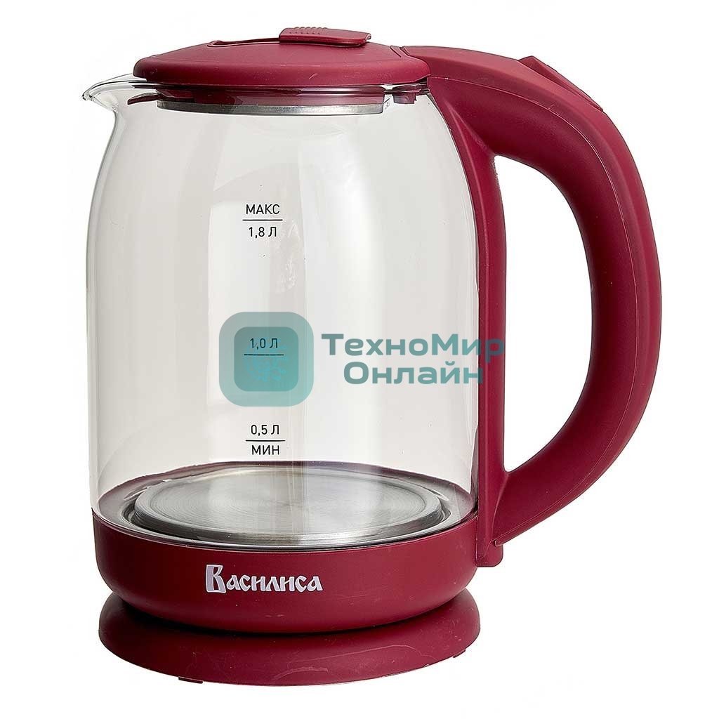 Чайник электрический ВАСИЛИСА ВА-1035 1.8 л, стекло, бордовый, 1500 Вт(12)