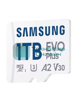 Флеш карта Samsung EVO Plus, microSDXC 1Tb, Class 10, A2, V30, UHS-I (U3), W 90 МБ/с, R 160 МБ/с, адаптер на SD