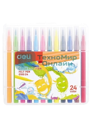 Фломастеры Deli EC10324 Color Emotion кисть, смываемые, 24 цвета, пластиковый пенал (24шт)