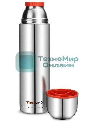 Термос Starwind 20-1200 1.2 л, серебристый/красный, картонная коробка