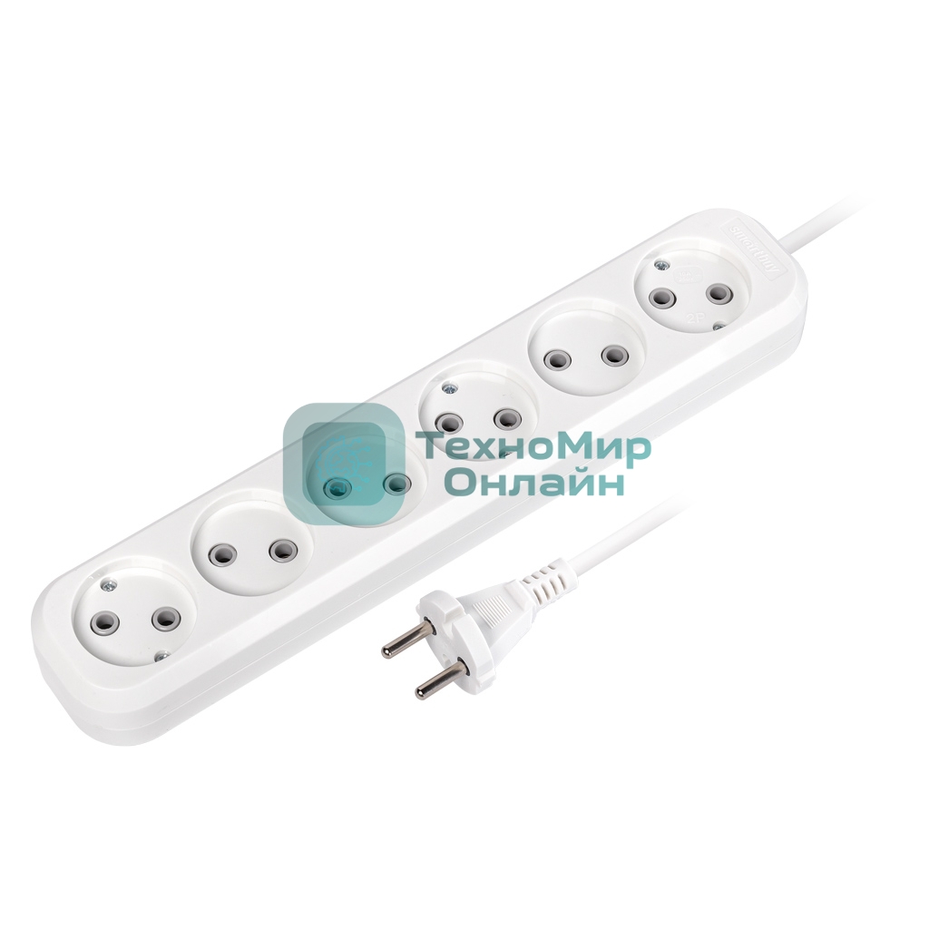 Удлинитель Smartbuy, 6 гнезд 5 метров 10А/2,2 кВт без заземления ПВС 2х1,0 (SBE-10-6-05-N)