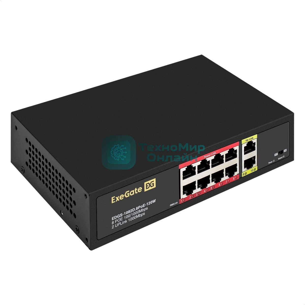 Коммутатор неуправляемый ExeGate EDGS-1082D.8PoE-120W (10-портовый: 8 портов UTP 10/100 Base-Tx с поддержкой IEEE 802.3af (PoE), мощность PoE: 15,4W, суммарно 120W, 2 порта RJ45 10/100/1000 Мбит/с (uplink), настенный/настольный, металлический корпус)