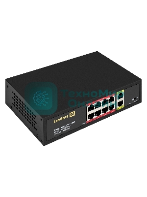 Коммутатор неуправляемый ExeGate EDGS-1082D.8PoE-120W (10-портовый: 8 портов UTP 10/100 Base-Tx с поддержкой IEEE 802.3af (PoE), мощность PoE: 15,4W, суммарно 120W, 2 порта RJ45 10/100/1000 Мбит/с (uplink), настенный/настольный, металлический корпус)