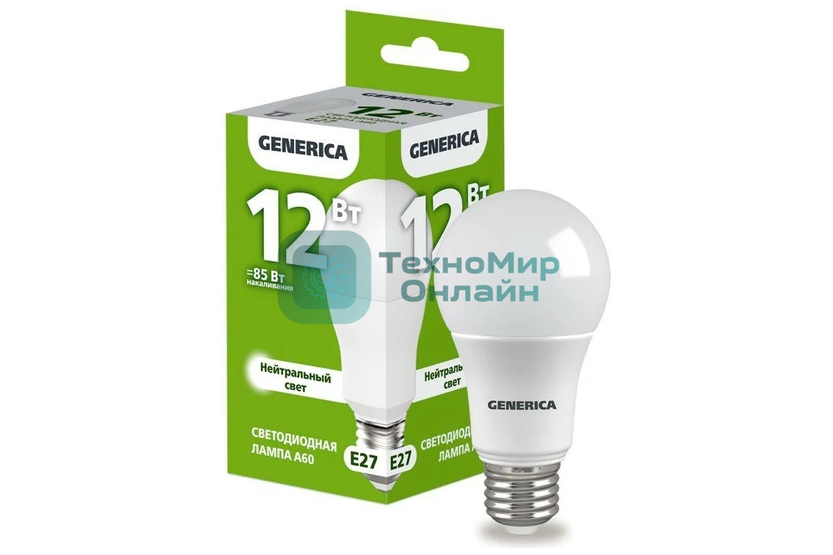 Лампа светодиодная GENERICA LL-A60-12-230-40-E27-G A60 12Вт грушевидная 4000К E27 230В