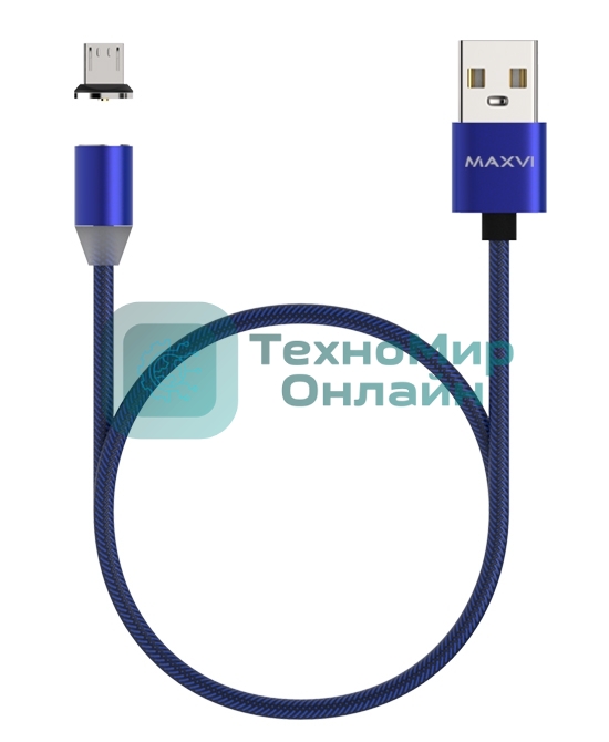 Кабель Maxvi MCm-01M blue, USB-A - microUSB, 2A, магнитный разъем, LED Описание: ток макс. нагрузки 2А, макс. напряжение 5V; стандарт USB 2.0; длина 1м, нейлоновая оплетка, съемный магнитный коннектор, LED подсветка, синий с черными вставками