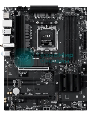 Материнская плата MSI PRO B850-S EVO WIFI, AM5, AMD B850, 4xDDR5 (до 256 ГБ), 4xSATA, 3xM.2 (1xPCIe 5.0, 2xPCIe 4.0), 1xPCIe 5.0 x16, 1xPCIe 4.0 x16, 1xHDMI, 1xDP, 1x5Gb LAN, Wi-Fi 7, Bluetooth 5.4, 1xUSB-C 10Gbps, 2xUSB-A 10Gbps, 2xUSB-A 5Gbps, 4xUSB-A 2.0, 3x3.5 мм, 7.1, чёрный, ATX