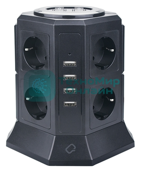 Сетевой фильтр Qumo Power Tower Pro 8SP4U (P-0002), 8 розеток, 2200 Вт, 10A, кабель 2 м 3*1 мм чистая медь, пожаробезопасный пластик, евровилка, 4 USB порта 4.5A суммарно