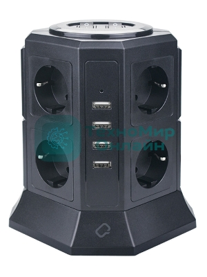 Сетевой фильтр Qumo Power Tower Pro 8SP4U (P-0002), 8 розеток, 2200 Вт, 10A, кабель 2 м 3*1 мм чистая медь, пожаробезопасный пластик, евровилка, 4 USB порта 4.5A суммарно