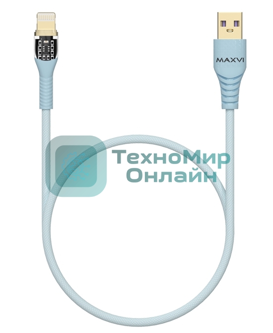Дата-кабель Maxvi MC-31L USB-Lightning 2.4А, прозрачный корпус, LED подсветка, 1.2м, sky blue