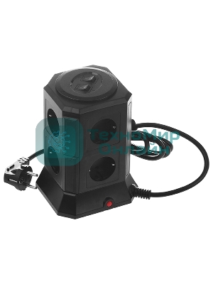 Сетевой фильтр Qumo Power Tower Pro 8SP4U (P-0002), 8 розеток, 2200 Вт, 10A, кабель 2 м 3*1 мм чистая медь, пожаробезопасный пластик, евровилка, 4 USB порта 4.5A суммарно