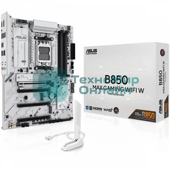 Материнская плата ASUS B850 MAX GAMING WIFI W, AM5, AMD B850, 4xDDR5, 4xSATA, 3xM.2, 1xPCIe 5.0 x16, 1xPCIe 4.0 x4, 2xPCIe 3.0 x1, 1xDisplayPort, 1xHDMI, 1x2.5Gb LAN, Wi-Fi 6E, Bluetooth 5.3, 1xUSB-C 10Gbps, 3xUSB-A 10Gbps, 2xUSB-A 5Gbps, 2xUSB-A 2.0, 3x3.5 мм, 7.1, ATX