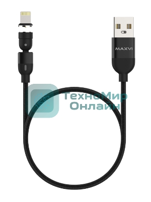 Кабель Maxvi MCm-02L black, USB-A - Lightning, 2A, магнитный разъем, LED ток макс. нагрузки 2А, макс. напряжение 5V; стандарт USB 2.0; длина 1.5м, нейлоновая оплетка, съемный магнитный коннектор, LED подсветка, черный