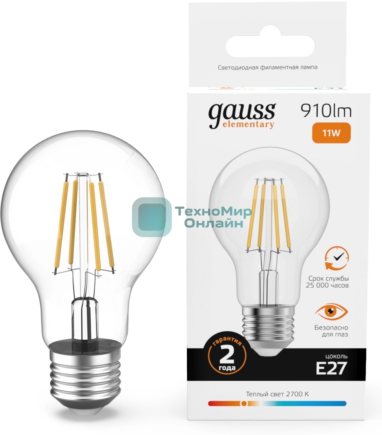 Лампа светодиодная филаментная Gauss Filament 11Вт цок.: E27 груша св. свеч. бел. теп. (упак.: 10 шт)