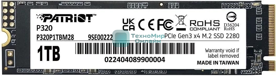 Накопитель SSD Patriot P320, 1Tb, PCIe 3.0 x4, M.2 2280, NVMe, R/W 3000/2200