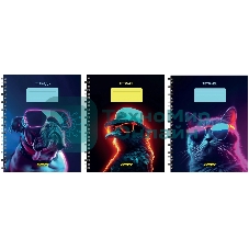 Набор тетрадей Silwerhof 2001674 48 листов, клетка, A5, Неоновые животные в очках 3 дизайна, мелованный картон, гребень (упаковка: 3шт)