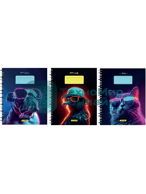 Набор тетрадей Silwerhof 2001674 48 листов, клетка, A5, Неоновые животные в очках 3 дизайна, мелованный картон, гребень (упаковка: 3шт)