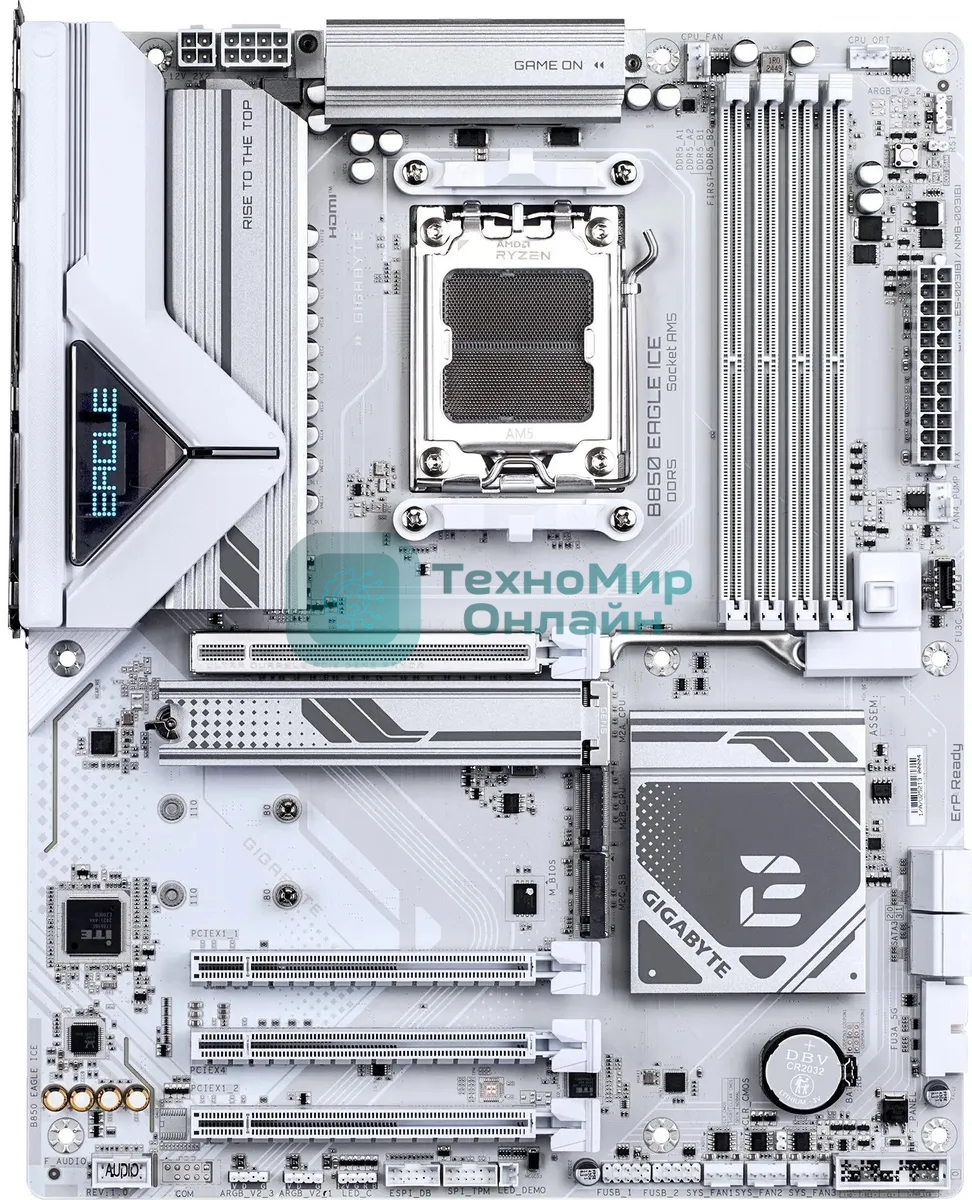 Материнская плата Gigabyte B850 EAGLE ICE, AM5, AMD B850, 4xDDR5, 4xSATA, 3xM.2, 1xPCIe 5.0 x16, 1xPCIe 4.0 x4, 2xPCIe 3.0 x1, 1xDP (v1.4), 1xHDMI (v2.1), 1x2.5Gb LAN, 2xUSB-A 10Gbps, 2xUSB-A 5Gbps, 6xUSB-A 2.0, 1xUSB-C 5Gbps, 3x3.5 мм, 7.1, ATX