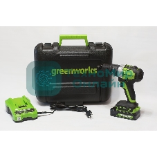 Дрель-шуруповерт GREENWORKS GD24DD60K2, 24 В, 2 Ач, 60 Нм, бесщеточный