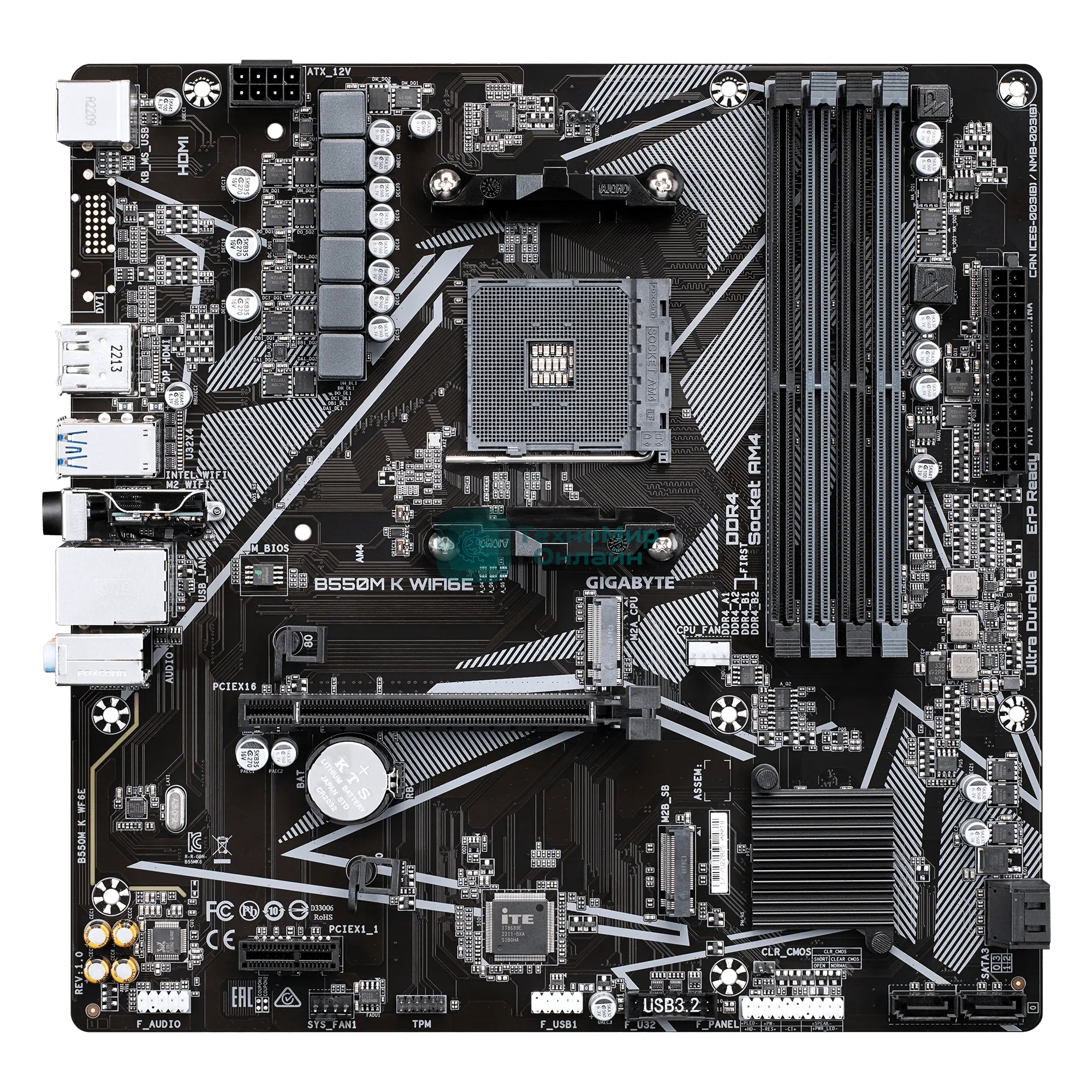 Материнская плата Gigabyte B550M-K WIFI6E, AM4, AMD B550, 4xDDR4, 4xSATA, 2xM.2, 1xPCIe 4.0 x16, 1xPCIe 3.0 x1, 1xHDMI, 1xDP, 1x1Gb LAN, Wi-Fi 6E, Bluetooth 5.3, 4xUSB-A 5Gbps, 4xUSB-A 2.0, 1xPS/2, 3x3.5 мм, 7.1, mATX