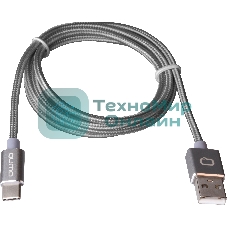 Кабель Qumo Type-С кабель, 1м, USB 2.0, 5В, 2А, 10Вт, тканевая оплетка, стальной коннектор, серый космос