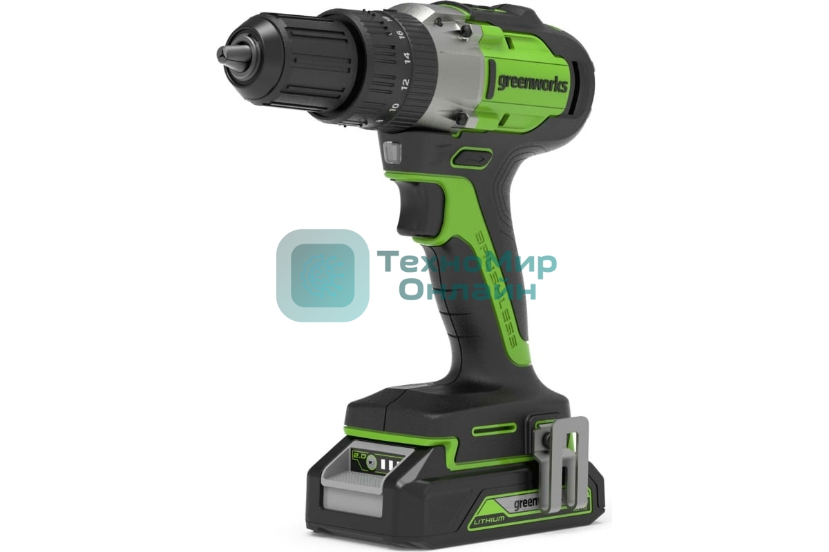 Дрель-шуруповерт GREENWORKS GD24DD60K2, 24 В, 2 Ач, 60 Нм, бесщеточный