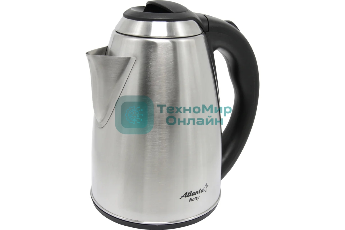 Чайник электрический Atlanta ATH-2434 черный, нержавейка Металл, 1.8 л, 1500 Вт, коричн/стальной, автомат откл, защита от перегрева без воды