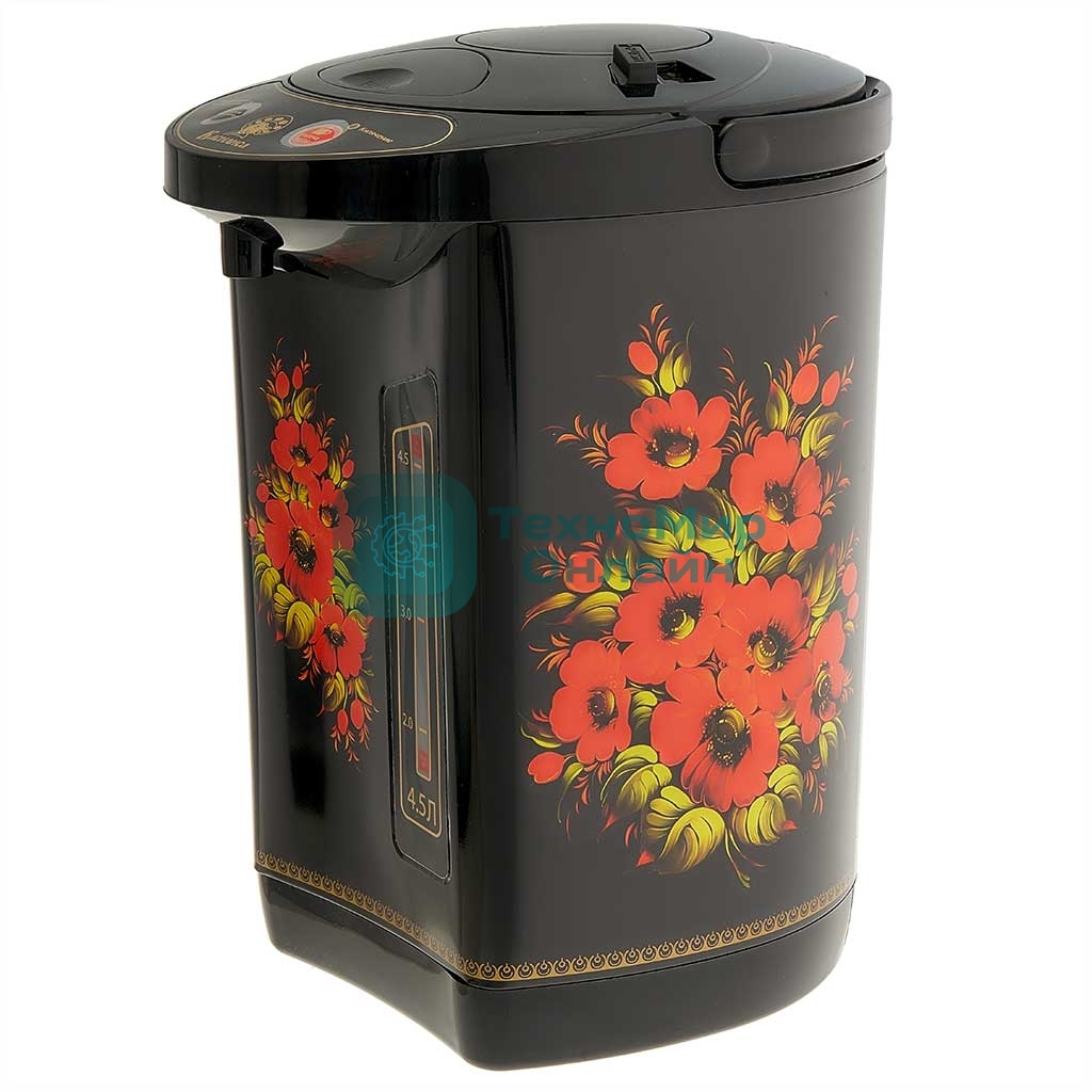 Термопот ВАСИЛИСА ВА-5007 Жостово Объем 4,5 л, Мощность в режиме кипячения 900 Вт. Мощность в режиме поддержания температуры воды 30 Вт. Внутренняя емкость из нержавеющей стали. Вращение корпуса на основании на 360°. Шкала уровня воды. Световые индикаторы работы. 3 способа разлива воды: ручной, автоматический, электрический. Режим поддержания температуры воды. Функции повторного кипячения и дехлорирования воды. Съемный сетевой шнур электропитания. Съемная крышка для удобства очистки. Защита от перегрева. Блокировка ручной помпы от случайного нажатия. Автоматическое отключение при недостаточном количестве воды. Цвет: черный. Декор: Жостово.