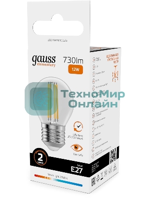 Лампа филам. Gauss Filament 12Вт цок.:E27 шар св.свеч.бел.теп. (упак.:10шт) (52212)