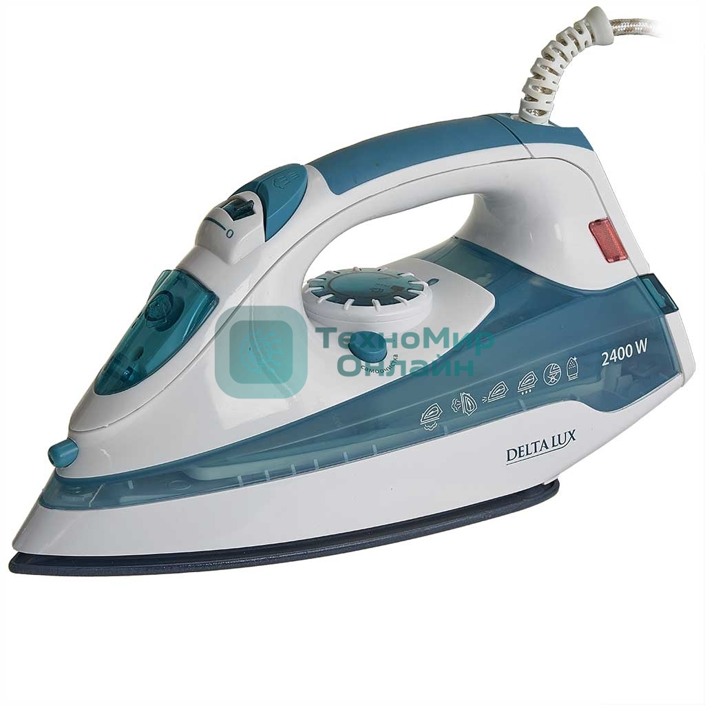 Утюг Delta LUX DL-710 белый с серо-голубым, 2400 Вт, 25 г/мин, 130 г/мин, 320 мл