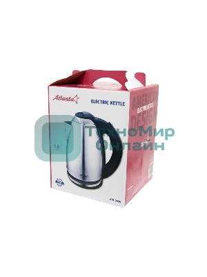 Чайник электрический Atlanta ATH-2434 черный, нержавейка Металл, 1.8 л, 1500 Вт, коричн/стальной, автомат откл, защита от перегрева без воды