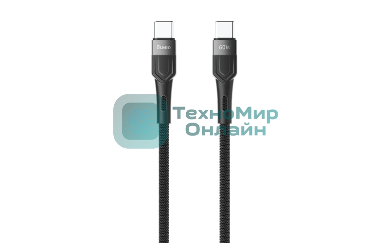Кабель OLMIO BOLT, Type-C - Type-C, 60W, 1.2м, тканевая оплетка, черный