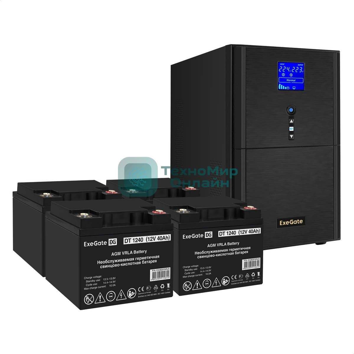 Комплект Источник бесперебойного питания EX295990RUS + батарея 40Aч EX282976RUS 4шт (инвертор, синус, для котла) ExeGate SineTower SZ-3000.LCD.AVR.3SH.1C13.RJ.USB <3000VA/2400W, чистый синусоида, LCD дисплей, AVR, 3хSchuko+1хC13, RJ45/11, USB, линейно-интерактивный, черный> + батарея ExeGate DT 1240 (12В, 40А·ч) 4шт