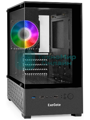 Компьютерный корпус Minitower ExeGate i3 SEA (mATX, без БП, 1*USB+1*USB 3.0, HD аудио, черный, 1 вент. 12см с RGb подсветкой, передняя и боковая панели - закаленное стекло)