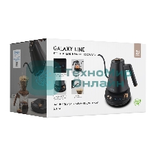 Чайник заварочный для кофе и чая Galaxy LINE GL 0341, черный, металл, 1100 ВТ, 1 л, корпус из нержавеющей стали AISI 304, установка температуры от 40 до 100 °C, функция поддержания температуры, 3 запрограммированных режима нагрева воды до 91°С, 93 °С, 96 °С, удобная форма носика