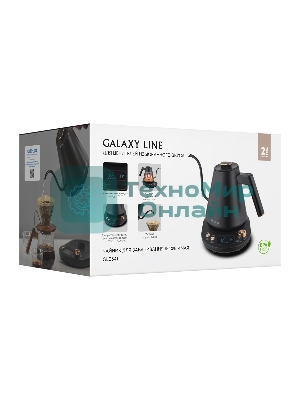 Чайник заварочный для кофе и чая Galaxy LINE GL 0341, черный, металл, 1100 ВТ, 1 л, корпус из нержавеющей стали AISI 304, установка температуры от 40 до 100 °C, функция поддержания температуры, 3 запрограммированных режима нагрева воды до 91°С, 93 °С, 96 °С, удобная форма носика