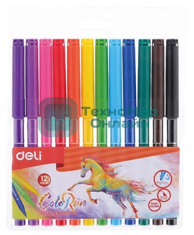 Фломастеры Deli EC10003 ColoRun, вентилируемый колпачок, 12 цветов, пакет с европодвесом