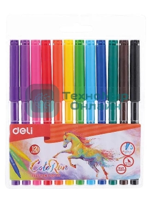 Фломастеры Deli EC10003 ColoRun, вентилируемый колпачок, 12 цветов, пакет с европодвесом