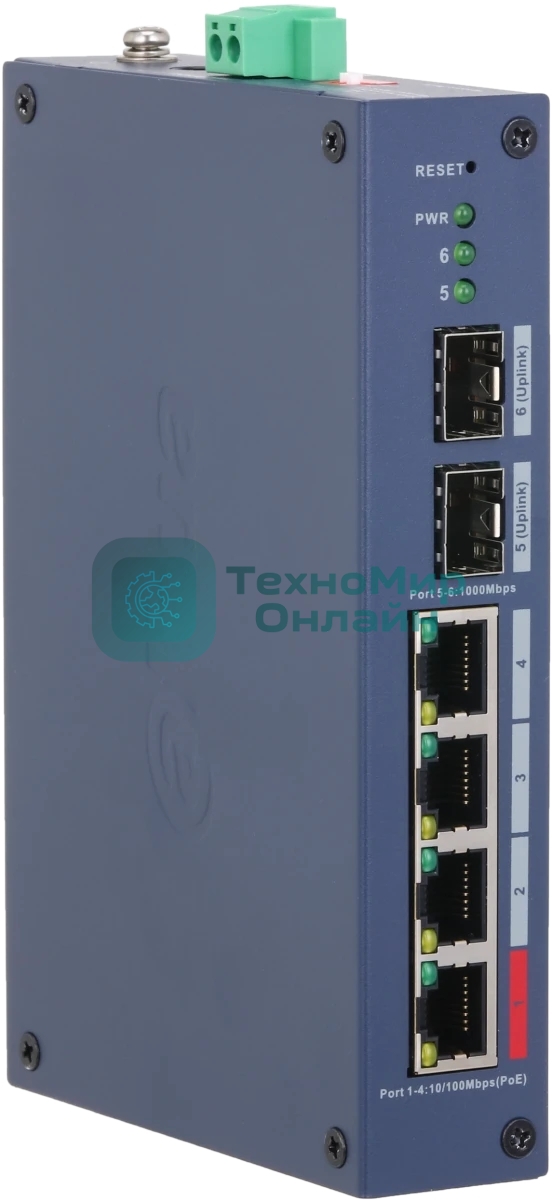 Коммутатор Dahua DH-CHS4206-4ET-90 4-портовый PoE управляемый 4 RJ45 10/100 Мбит/с (PoE/PoE+/Hi-PoE), 2 SFP 1000 Мбит/с (uplink); PoE: порт 1 до 90Вт IP30, IK06; монтаж на DIN-рейку