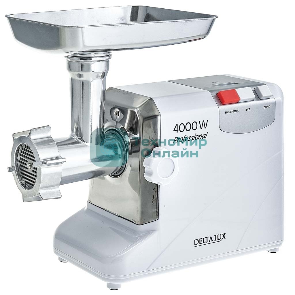 Мясорубка электрическая DELTA LUX DE-604M белый, 4000 Вт, 2.5 кг/мин, реверс, защита от перегрузки, насадки - 5