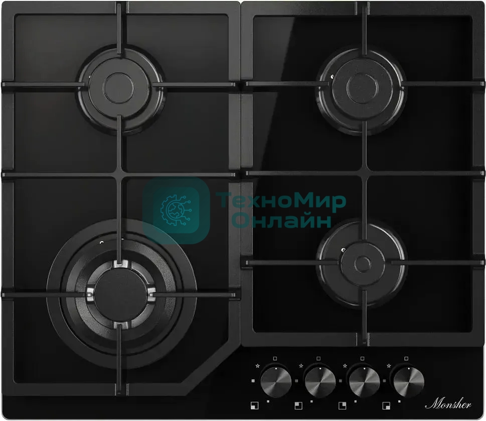 Варочная поверхность MONSHER/ Варочная поверхность MONSHER, газ, High-Tech, 59 см, автоматический электроподжиг, газ-контроль, форсунки под сжиженый газ, SABAF конфорки, чугунные решетки, черный