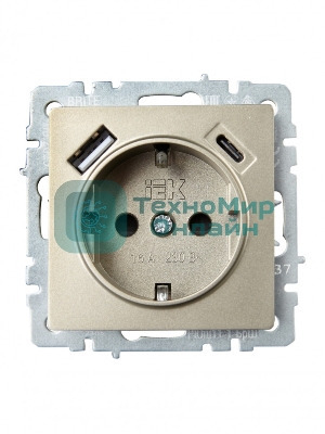 Розетка 1-местная IEK BRITE РЮш11-1-БрШ (BR-R14-16-U22-018-K37) с заземлением, с защитными шторками, 16А, с USB A+C 18 Вт, шампань