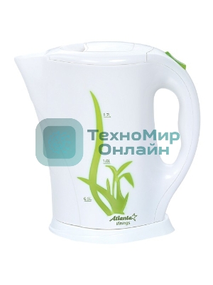 Чайник электрический Atlanta ATH-2305Тэн, 1.7 л, 2000 Вт, белый с зеленым, автомат откл при закипании, защита от перегрева воды, фильтр