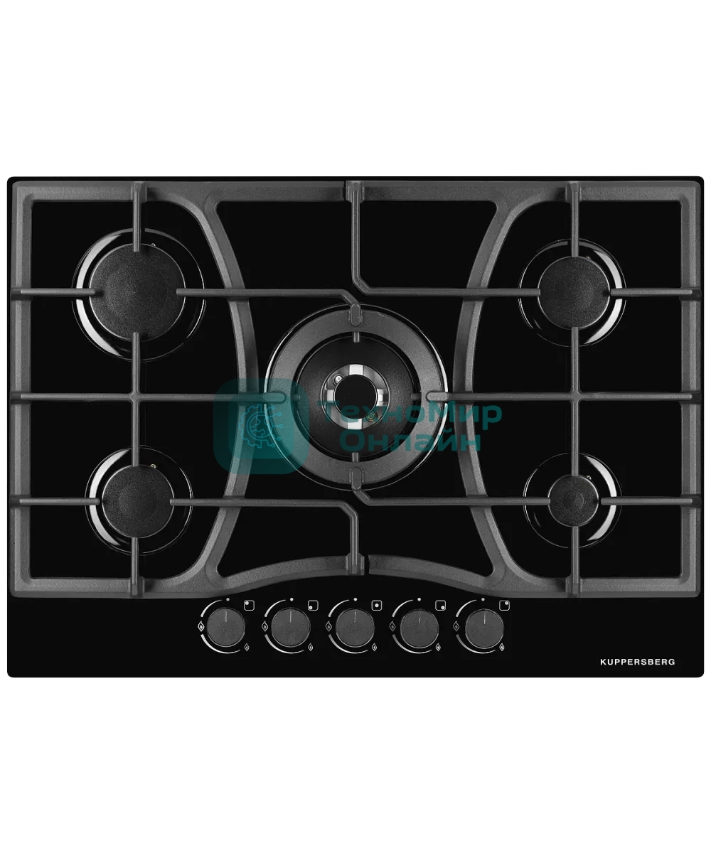 Газовая варочная поверхность Kuppersberg, закаленное стекло, ширина 70 см, 5 газовых конфорок, WOK конфорка(3,8 кВт), автоподжиг, газ-контроль, чугунные решетки, цвет чёрный