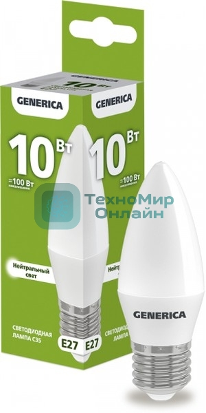 Лампа светодиодная C35 свеча 10Вт 230В 4000К E27 GENERICA